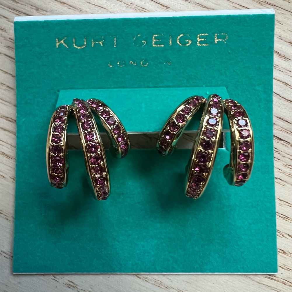 NEW KURT GEIGER Pavé Crystal Triple Huggie Hoop Earrings Gold Pink - Picture 3 of 9
